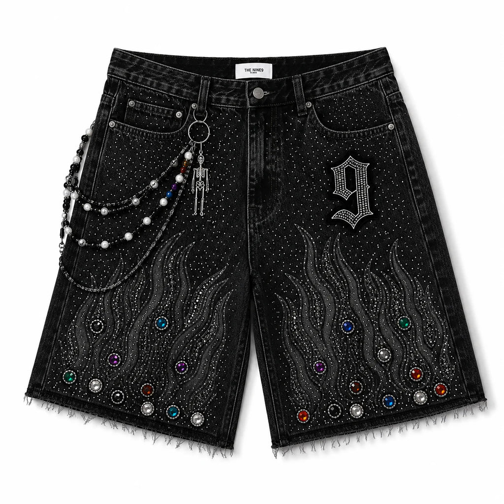 9 Oversized Rhinestone Shorts (Obsidian Black)