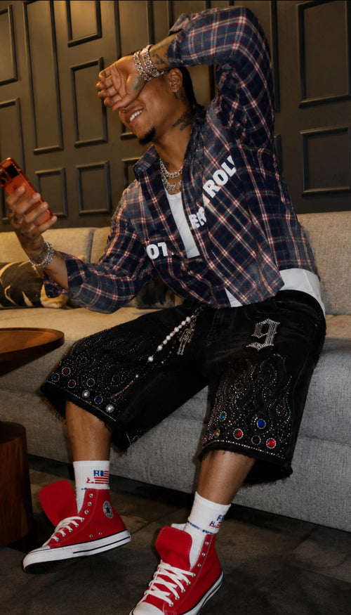 9 Oversized Rhinestone Shorts (Obsidian Black)