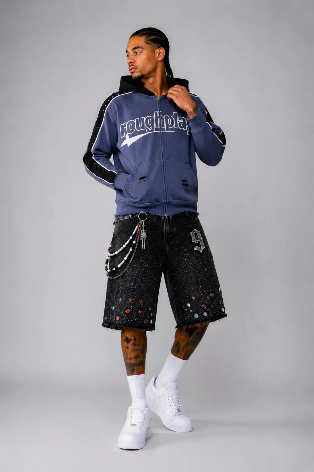 9 Oversized Rhinestone Shorts (Obsidian Black)
