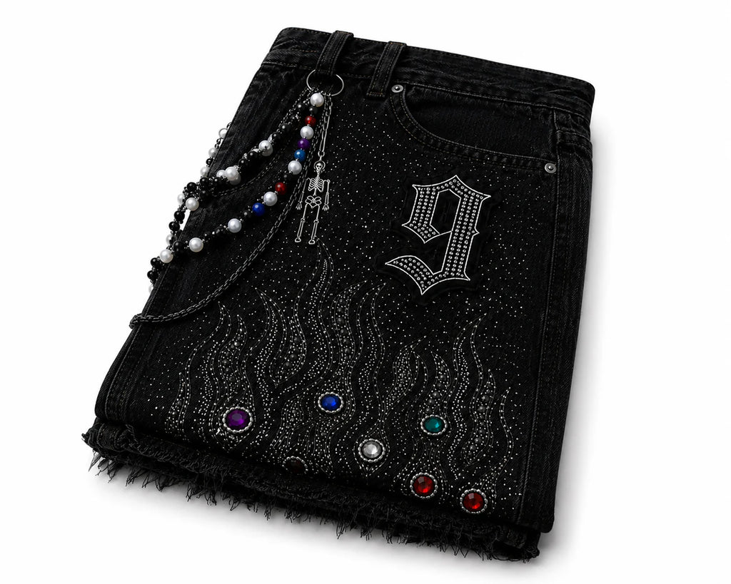 9 Oversized Rhinestone Shorts (Obsidian Black)