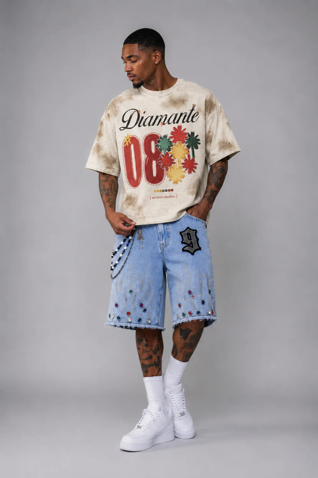 9 Oversized Rhinestone Shorts (Ice Blue)