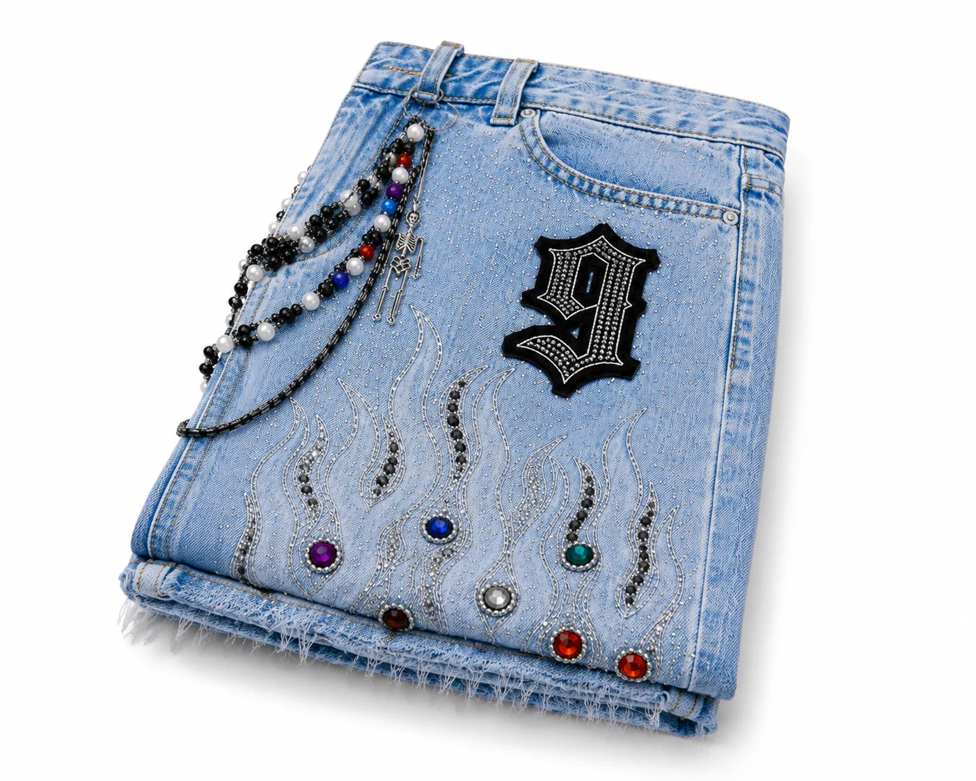 9 Oversized Rhinestone Shorts (Ice Blue)