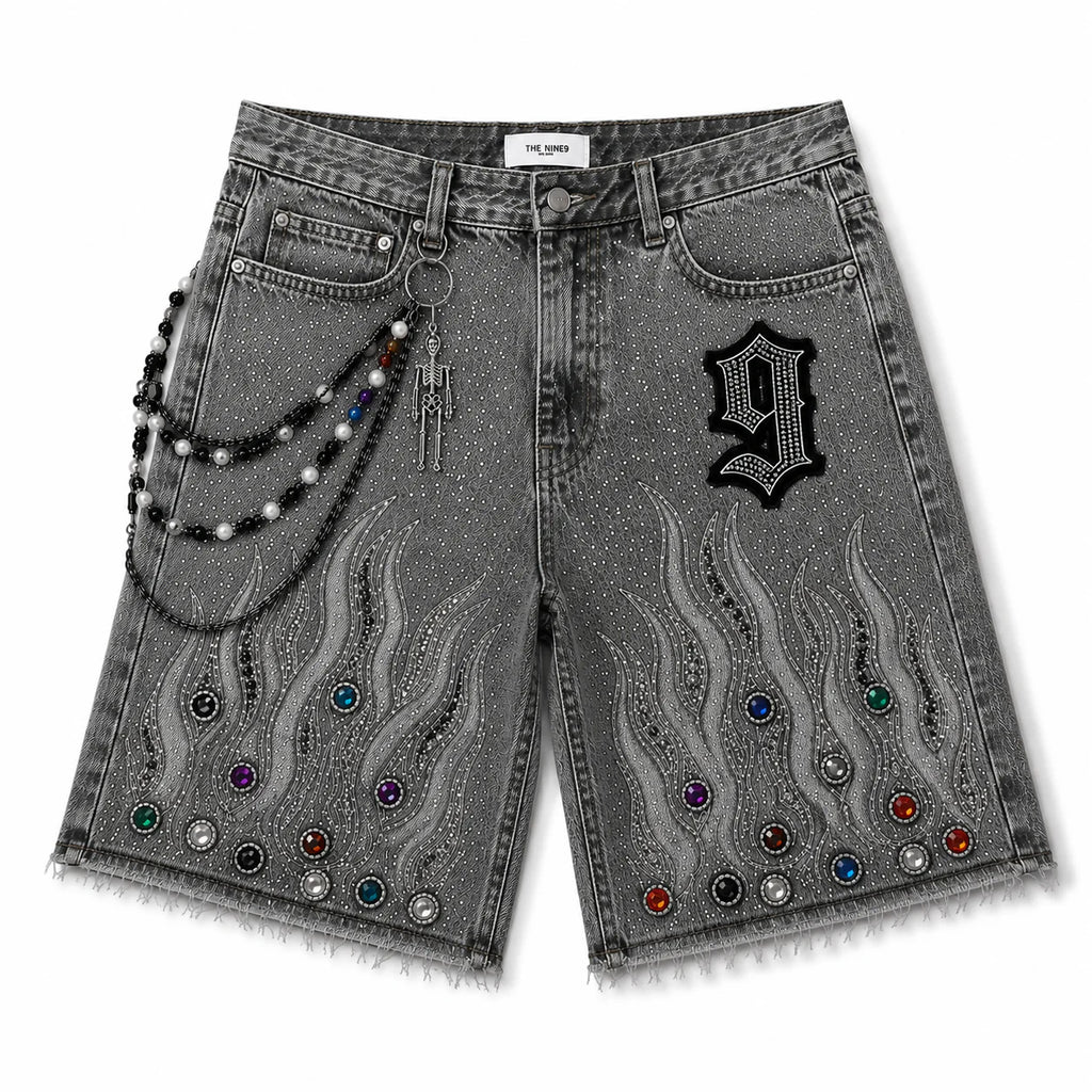 9 Oversized Rhinestone Shorts (Ash Gray)