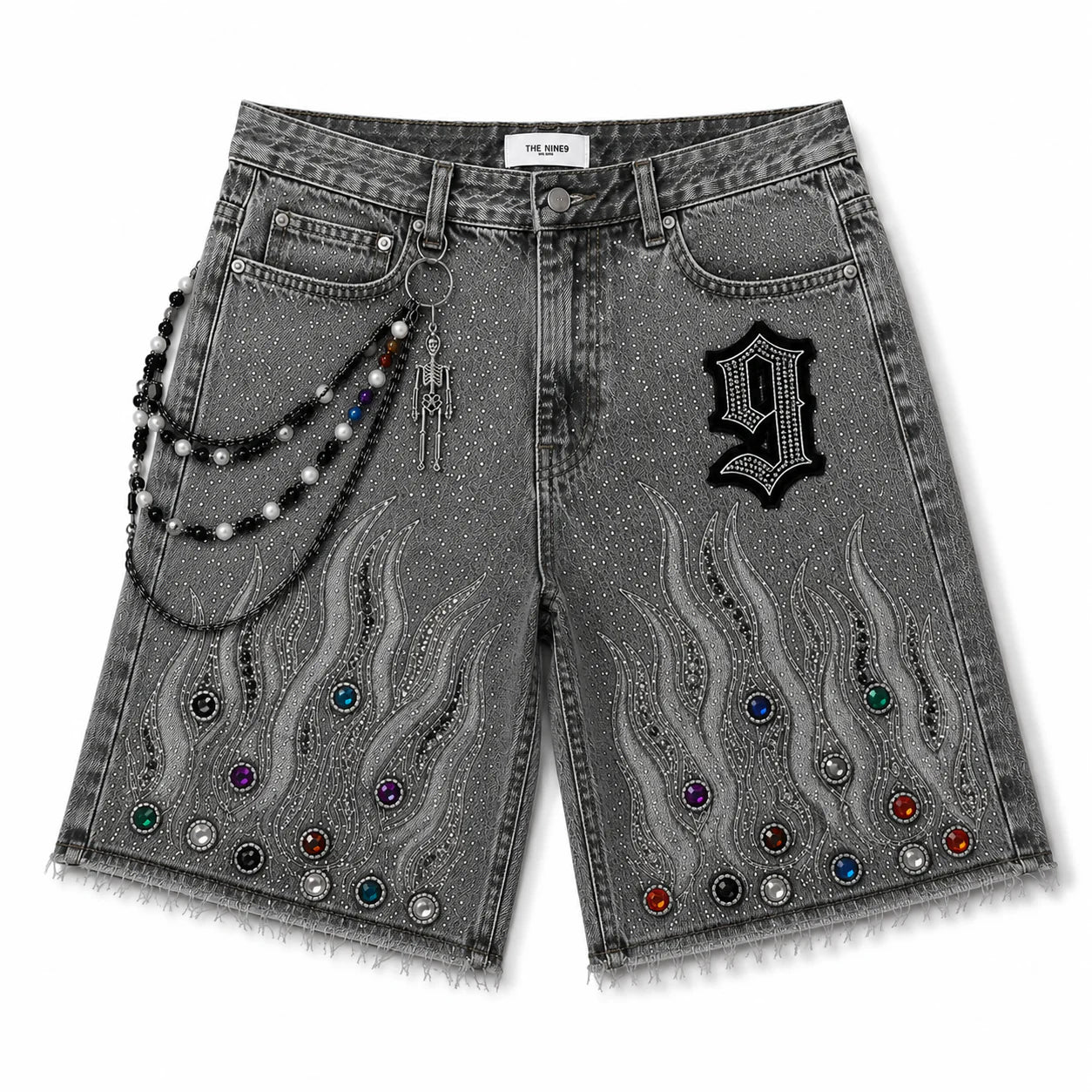 9 Oversized Rhinestone Shorts (Ash Gray)