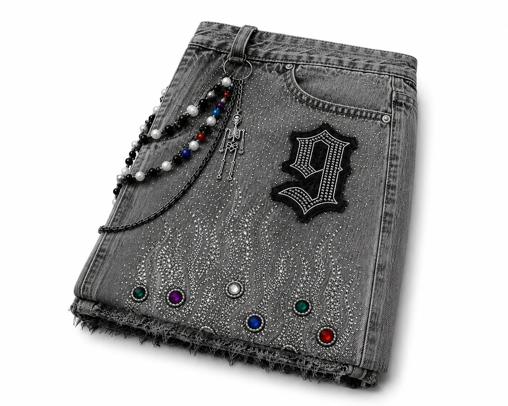 9 Oversized Rhinestone Shorts (Ash Gray)